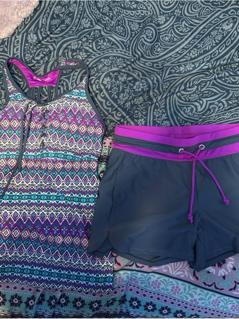 Free Country Purple Patterned One-Piece Swim with Navy Shorts